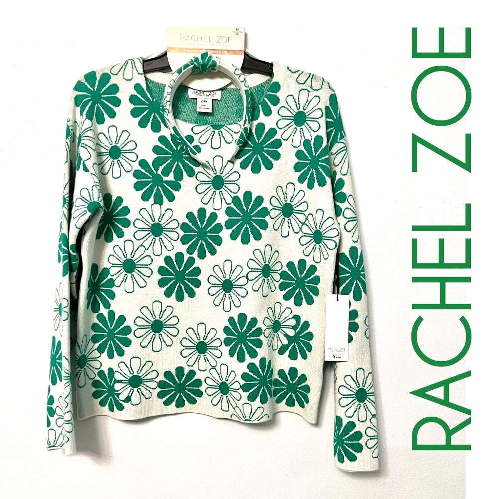 NWT RACHEL ZOE KNITTED SWEATER & MATCHING HEADBAND SET GIFT GREEN WHITE FLOWERS